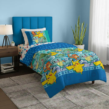 Bed in a Bag Set, Pikachu Charmander Squirtle Bulbasaur, Kids Boys Girls Bedding Comforter Sheets