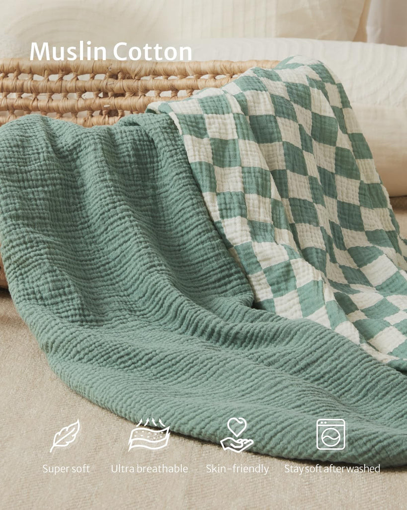 Muslin Crib Sheets, 2 Pack, Sage Checkboard & Sage Green