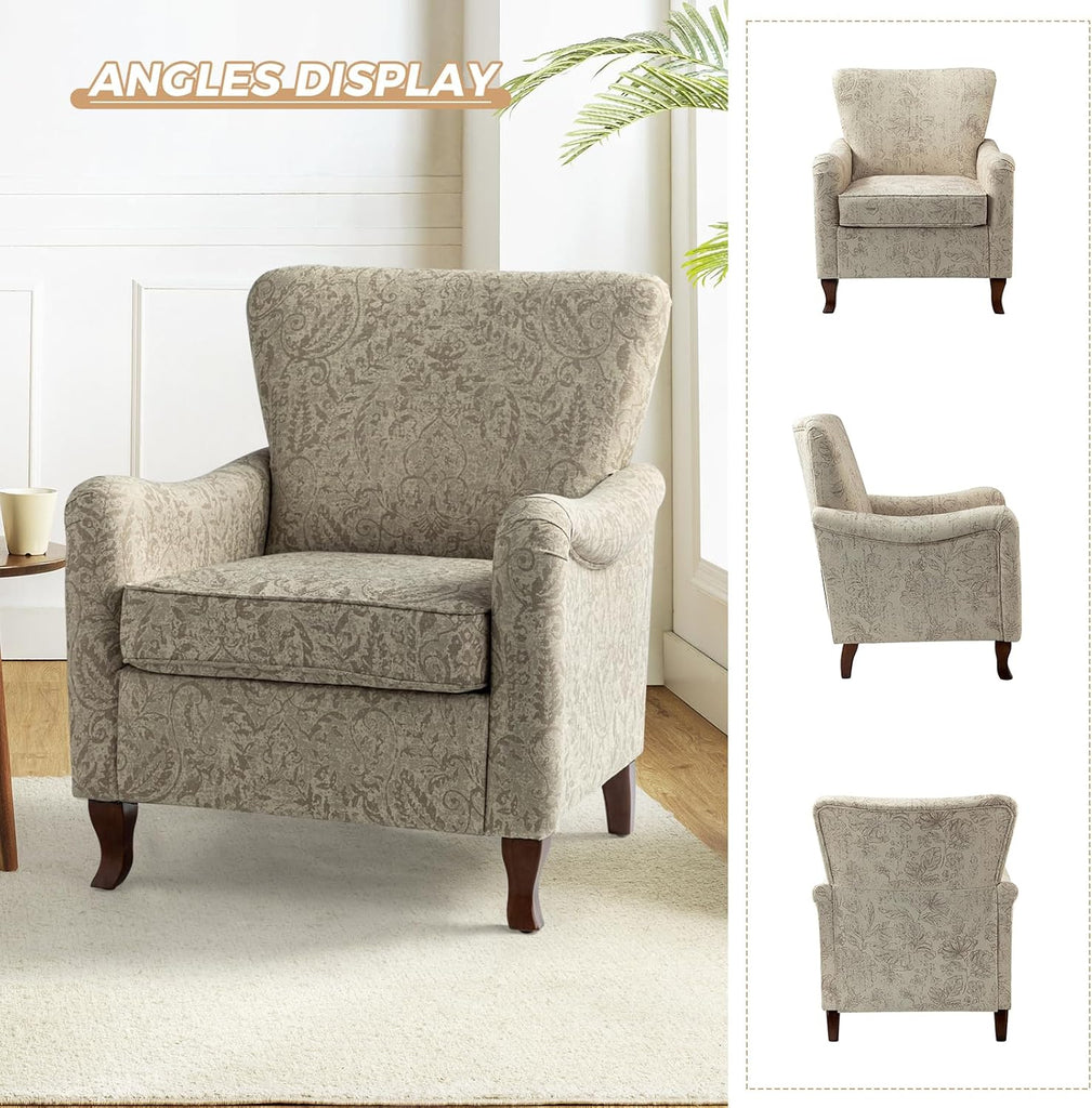 Floral Accent Chair, Modern High Back Armchair with Wooden Legs, Comfy Wingback Chair Upholstered Accent Single Sofa