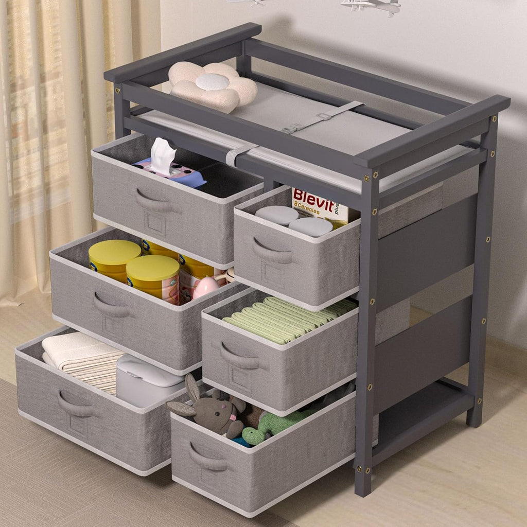 Baby Changing Table with 6 Storage Drawers and Pad Topper Modern Diaper Change Station Changing Table Dresser for