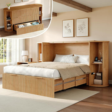 Queen Murphy Bed with Storage Bedside Shelves & Sliding Tambour Door, Modern Cabinet Bed with Charging Station & Curved Fluted Design for Bedroom/Guest/Home Office, Natural Oak
