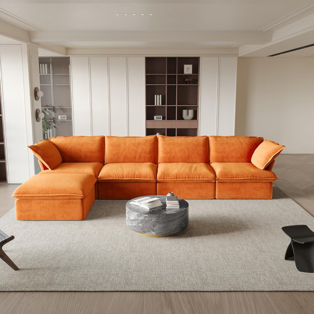 L-Shaped Sectional Couches, Modular Sectional Sofas, Modern Comfy Cloud Couch with Chaise Ottoman, Cushion Covers Removable, Two Corners and Two Middle Sofa for Living Room (Orange) A124-B0F1JR8JJV