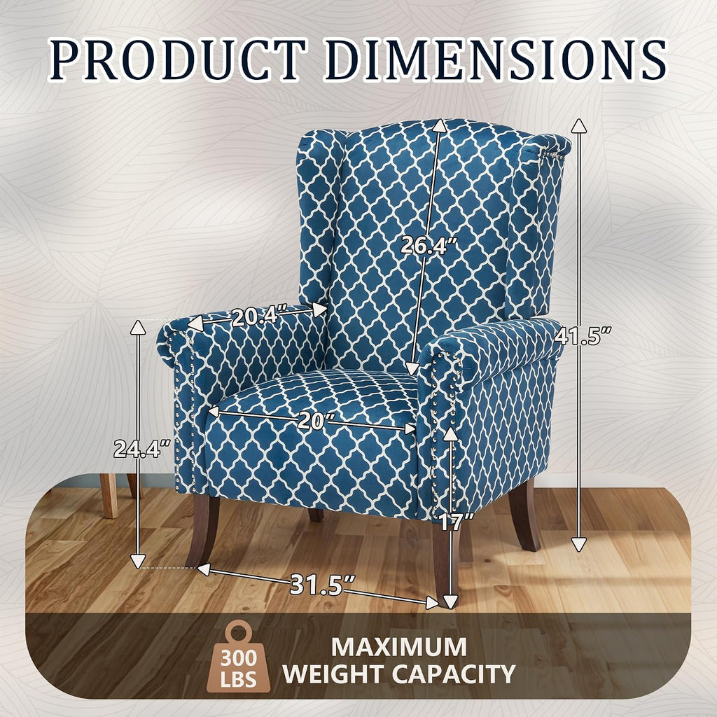 Modern Accent Chair, Comfy Wingback Armchair Blue Plaid Club Chair with Wooden Legs , or Balcony