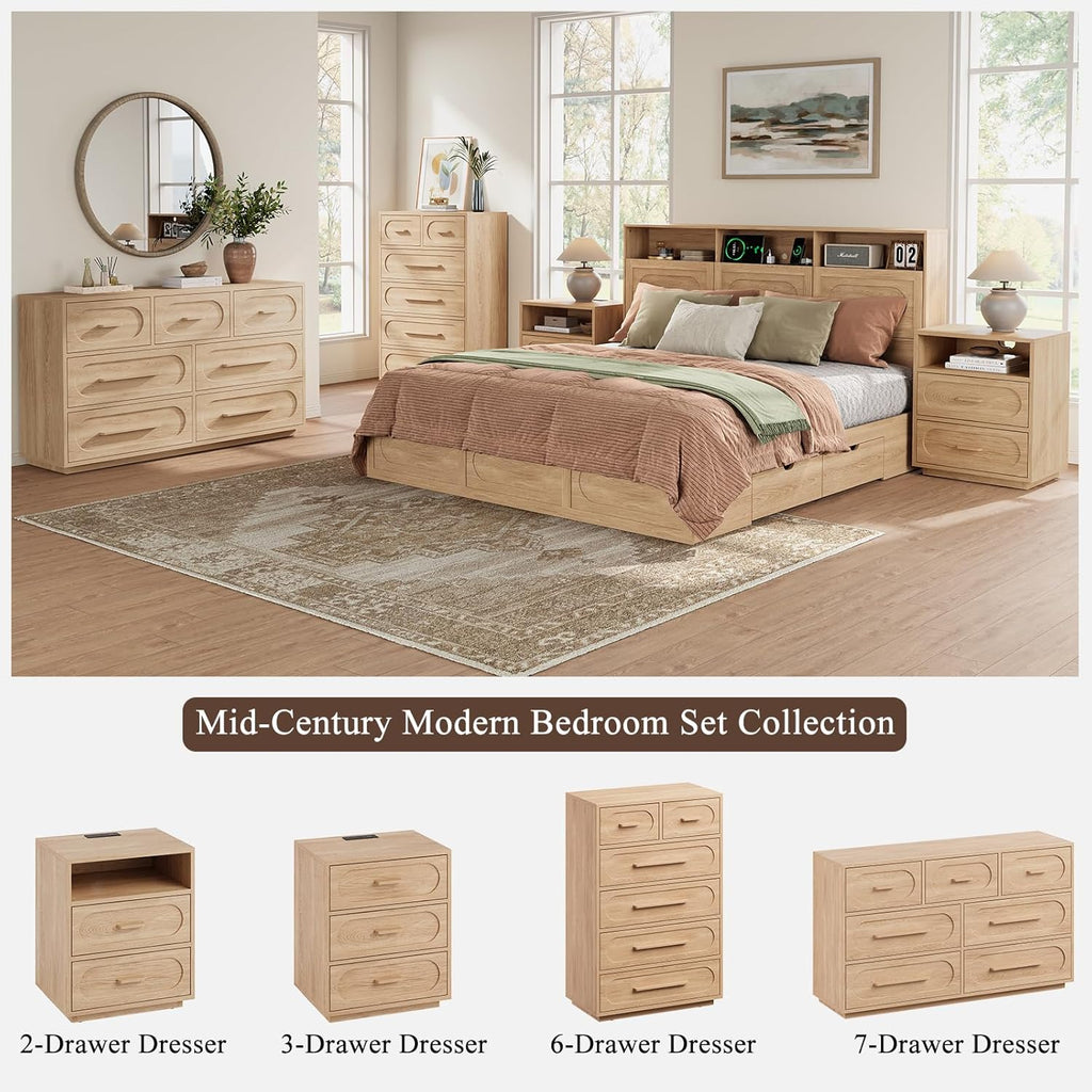 Natural 6 Drawer Dresser , 44" Tall Dressers & Chest of Drawers with Solid Wood Handles, Mid Century Modern Dresser