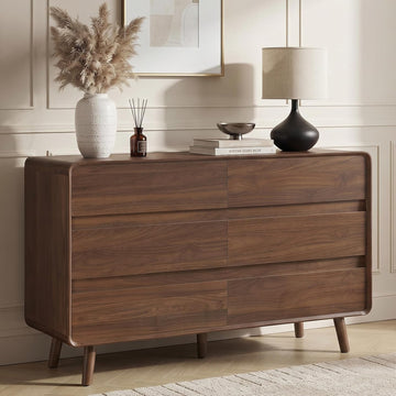6 Drawer Dresser , 47'' Wide Mid Century Modern Dressers & Chests of Drawers, Wood Storage Drawer Dressers , Walnut