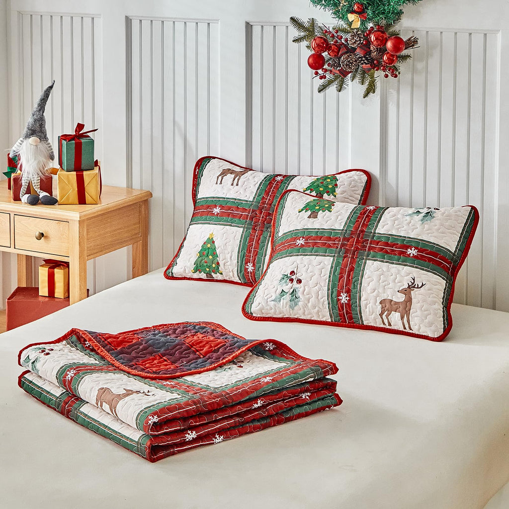 Christmas Quilt Set Patchwork Plaid Style with Green Red Plaid and Deer Tree Berry Reversible Gingham Design - Xmas