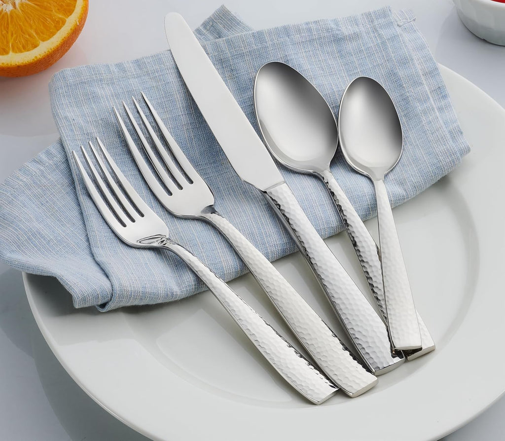89-Piece Hammered 18/10 Stainless Steel Silverware Cutlery Set with Serving Set, Flatware Service for 12