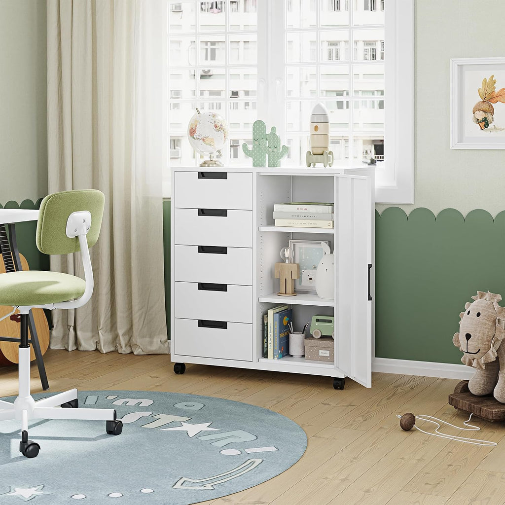 5 Drawer Storage Cabinet, Mobile Printer Stand,Dresser Chest with Shelves and Door(White)