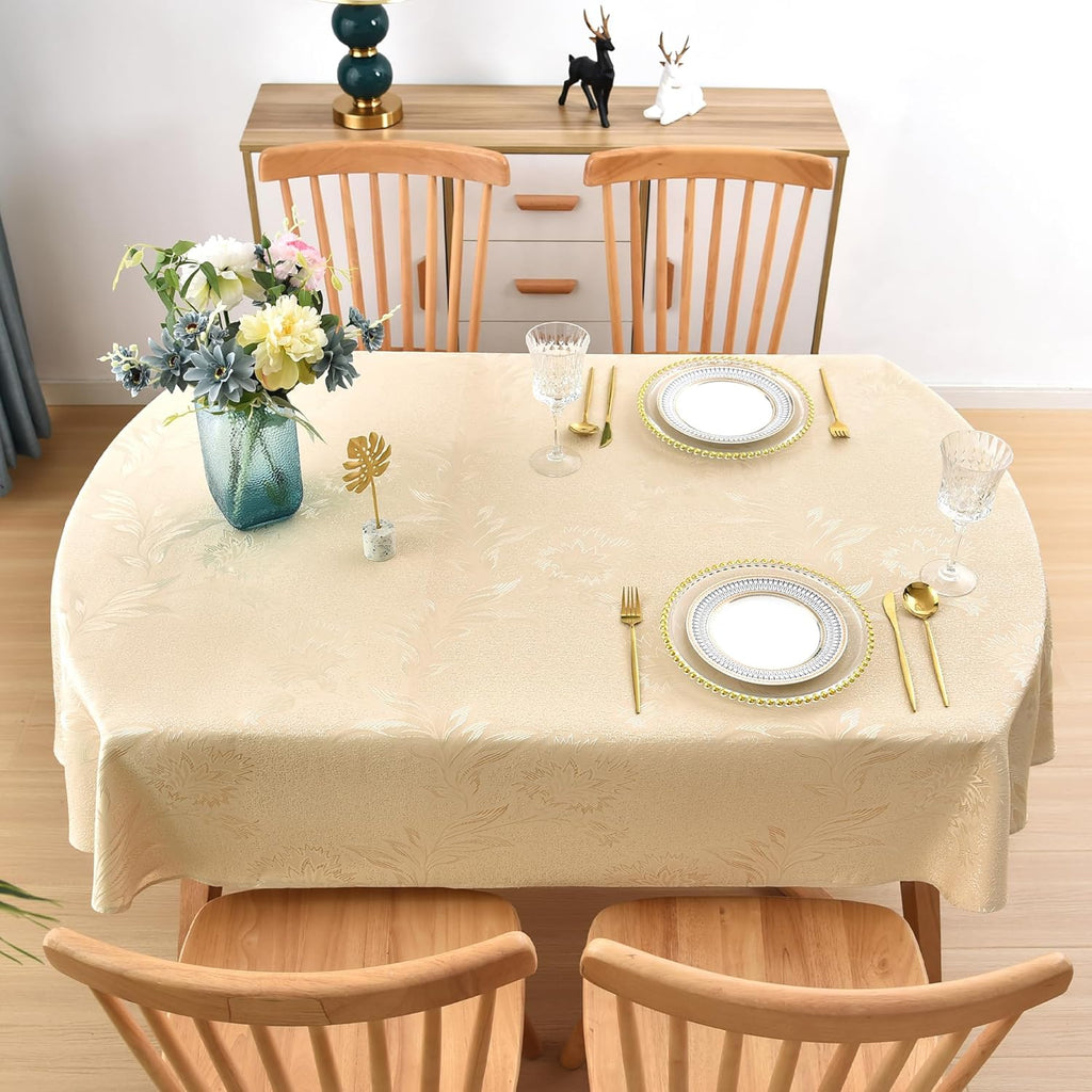 Shiny Oval Jacquard Tablecloth 60 x 102 Inch Beige Floral Countryside Leaves Damask Patterns Table C