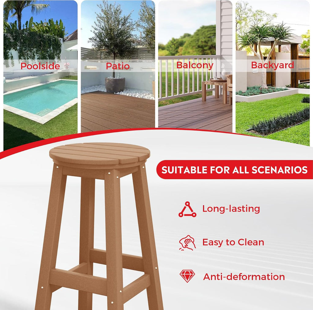 29" Height Outdoor Bar Stools, All-Weather Bar Stools, Adirondack Poly Patio Round Bar Stool Counter and Garden, Teak