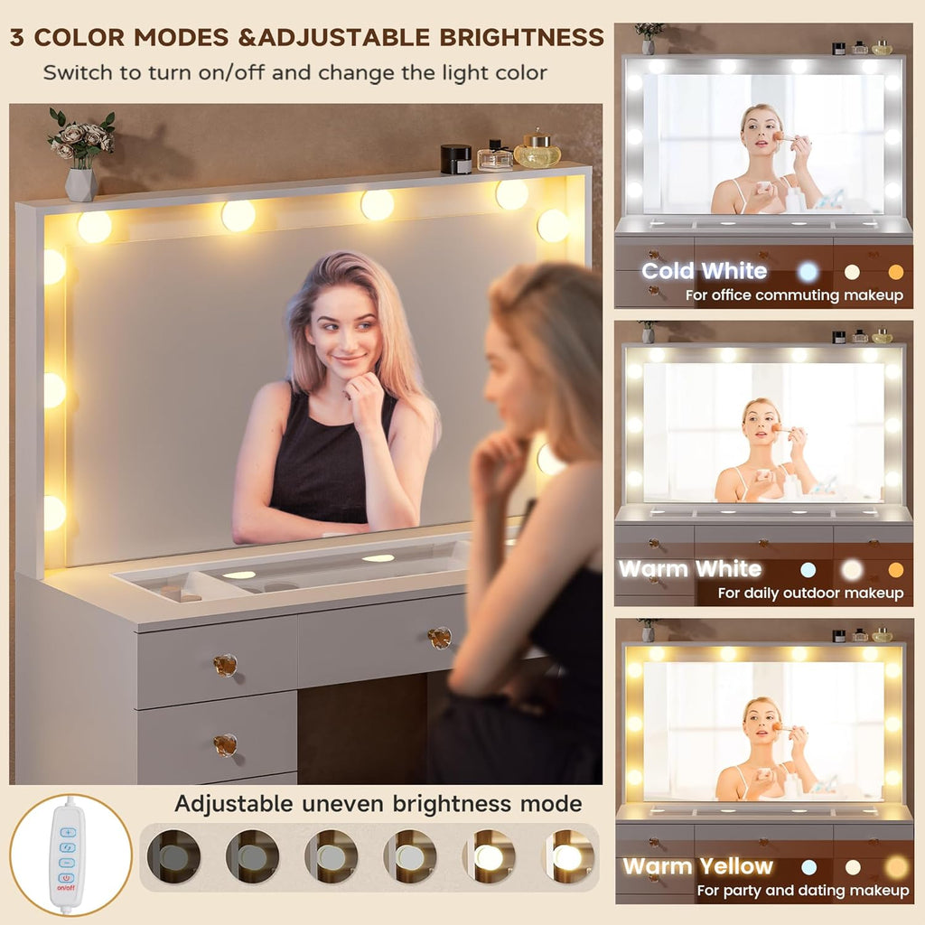 Vanity with Large Mirror and 10 LED Lights, Vanity Desk with Glasstop, 11 Drawers with Crystal Handles, Dressing