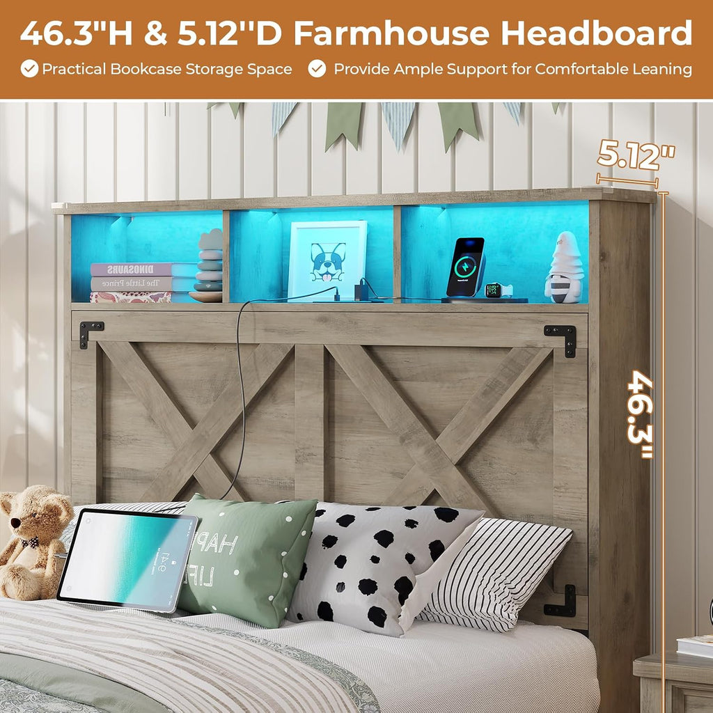 Farmhouse Twin Bed Frame with Storage Headboard and Charging Station Wood Platform Bed Frame Twin Size with Storage