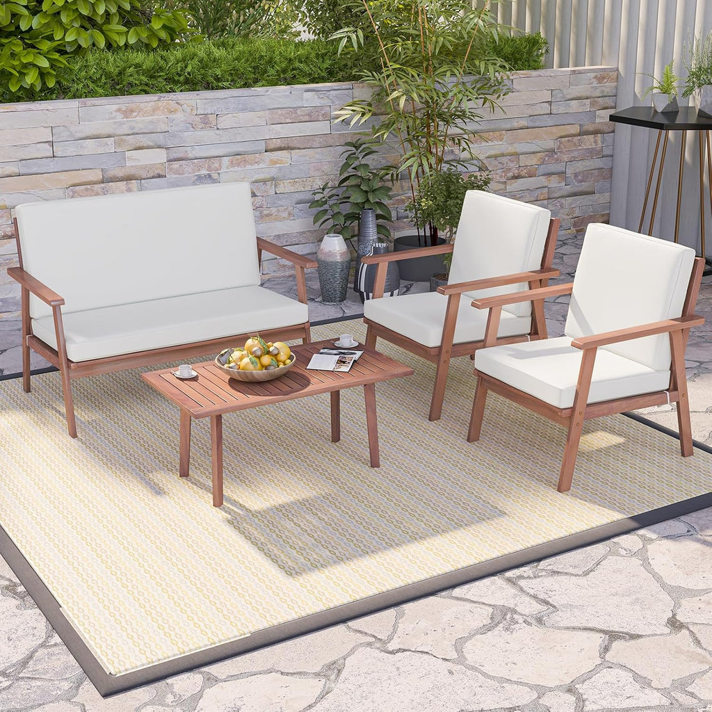 4 Piece Outdoor Conversation Set, Acacia Wood Sofa Set with Soft Seat & Back Cushions, Rectangle Coffee Table Patio