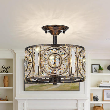 Vintage Crystal Drum Chandelier, 3-Lights Bronze Finish Retro Chandelier Lighting Fixtures, Semi Flush Mount Ceiling