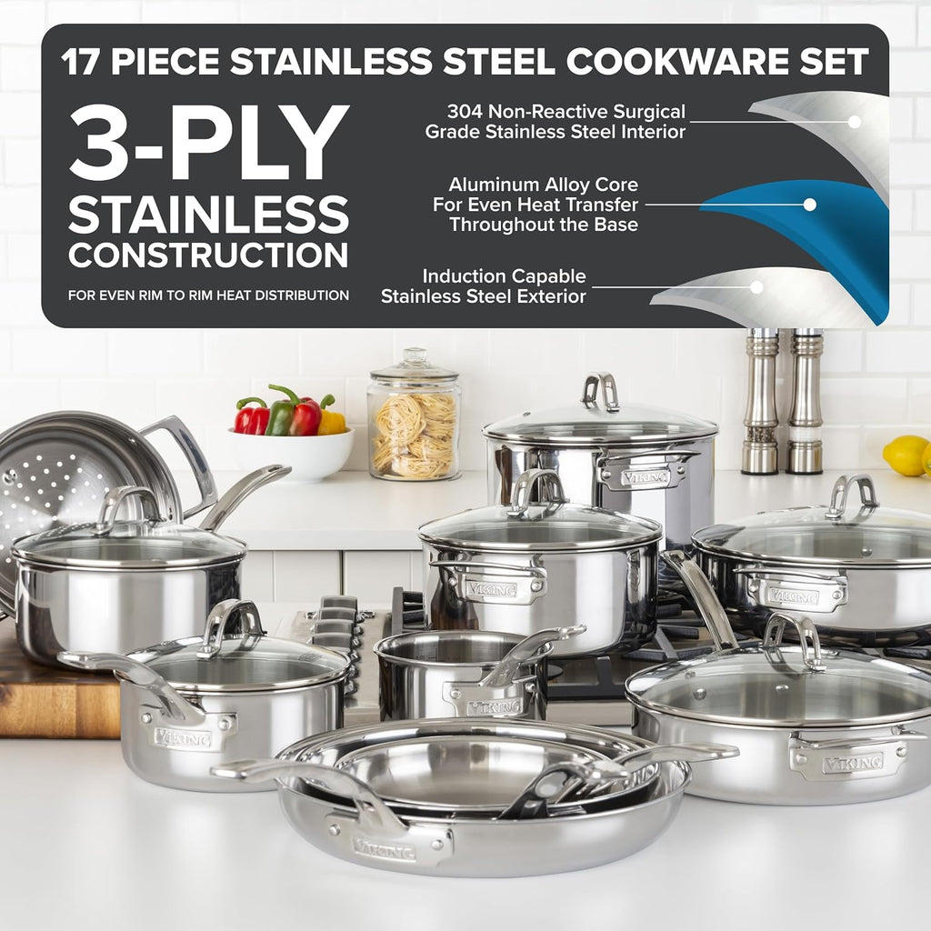 3-Ply Pots and Pans Set, 17 Piece Stainless Steel Cookware Glass Lids, Steamer Insert, Silver
