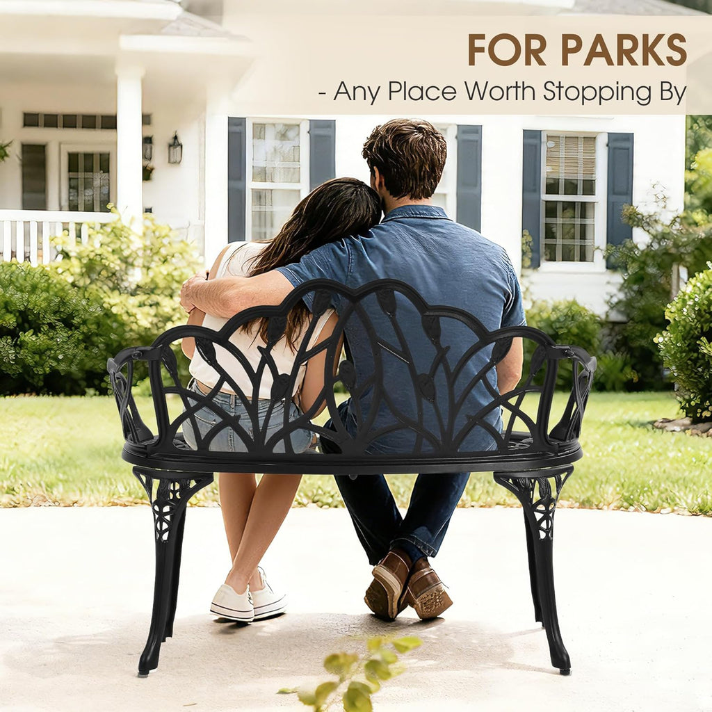Outdoor Bench, Cast Aluminum Double Seating with Backrest and Armrests, Mental Outdoor Furniture , Porch, Garden