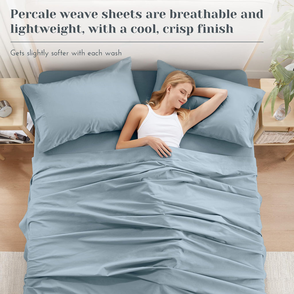 100% Cotton Percale Sheets King Extra Deep Pocket 4 Pc, Blue