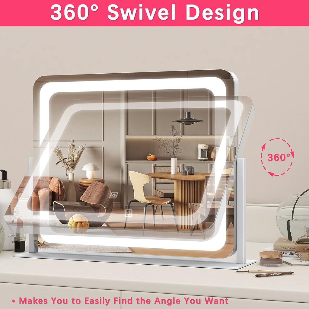 Large Vanity Mirror with Lights, 22"x17" Lighted Makeup Mirror for Desk, 3 Color Dimmable LED Lights, Smart Touch