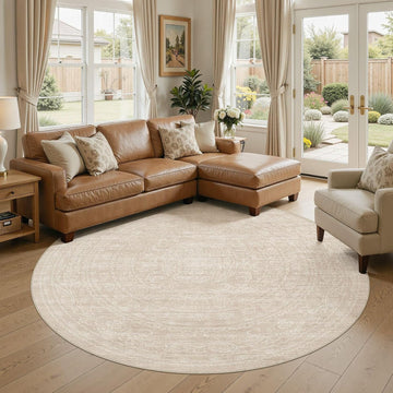 Neutral 8x8 Round Area Rugs Living Room Washable Rug, Beige