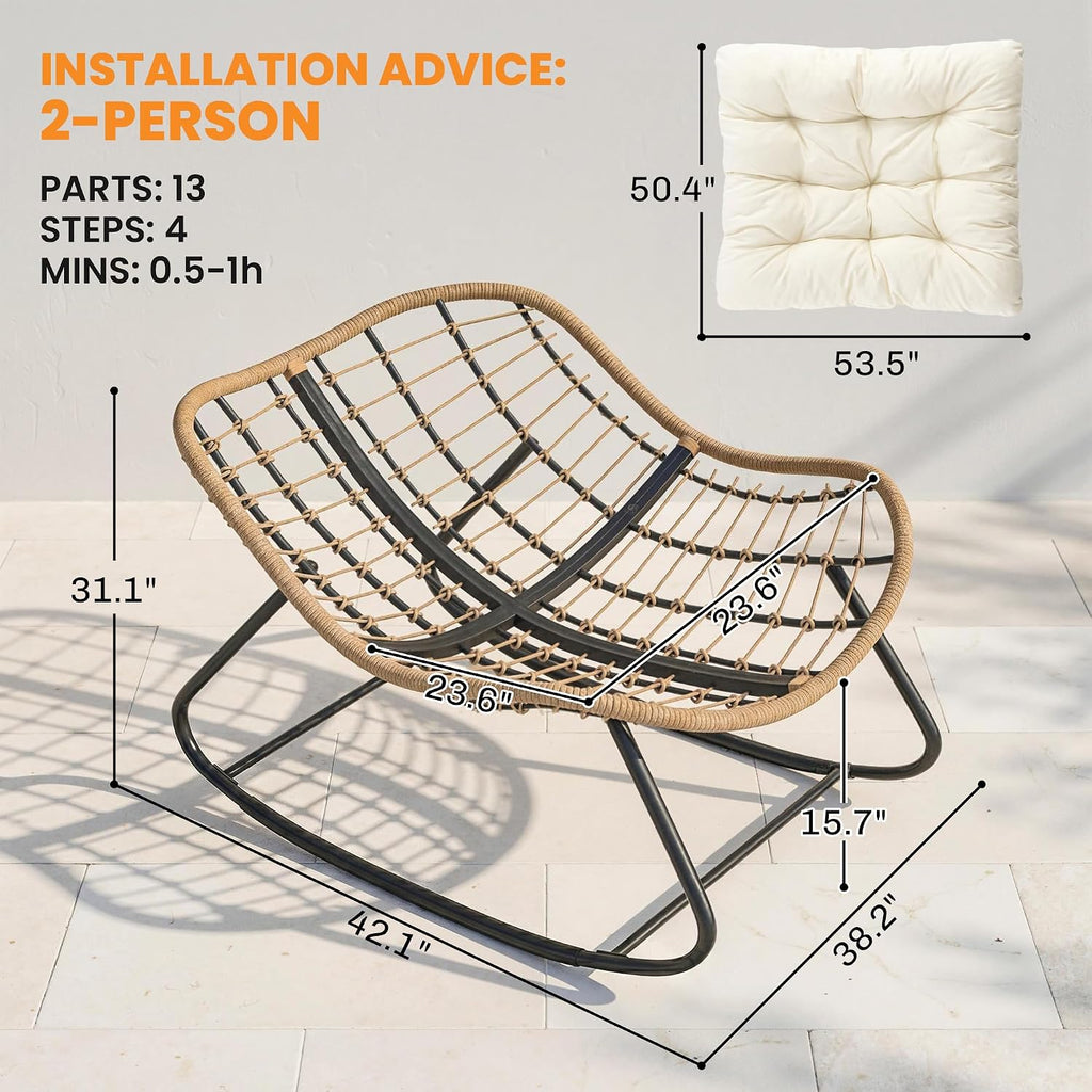 Papasan Rocking Chair Oversized Indoor Outdoor Cushion Beige | Wicker, PE Rattan, Outdoor Rocker Egg Chairs, Living