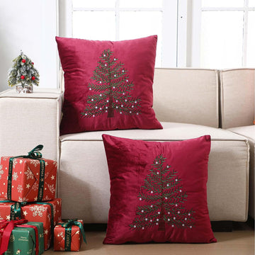 Burgundy Christmas Decoration Pillow Covers 18 X18 Inch Christmas Tree Decorative Red Velvet Embroidery - Set of 2