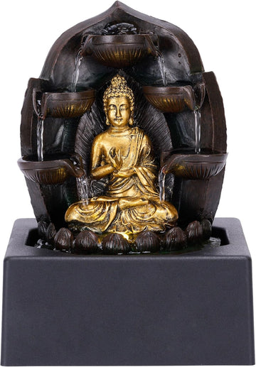Tabletop Water Fountain Indoor Decor, Gold Buddha Statue with LED Light and Pump, Waterfall Fountain Indoor Zen Home