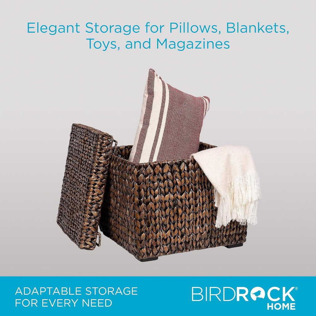 Storage Cube Box with Lid - Brown Wash Seagrass - Large Hand Woven Floor Container for Blankets Pillows - Sturdy