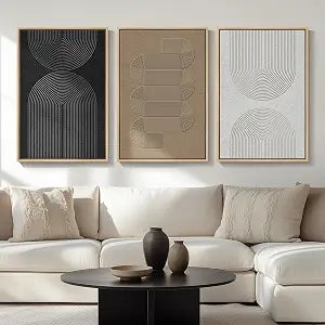 Large Framed Boho Black White Abstract Wall Art, 24x36 In - Set of 3