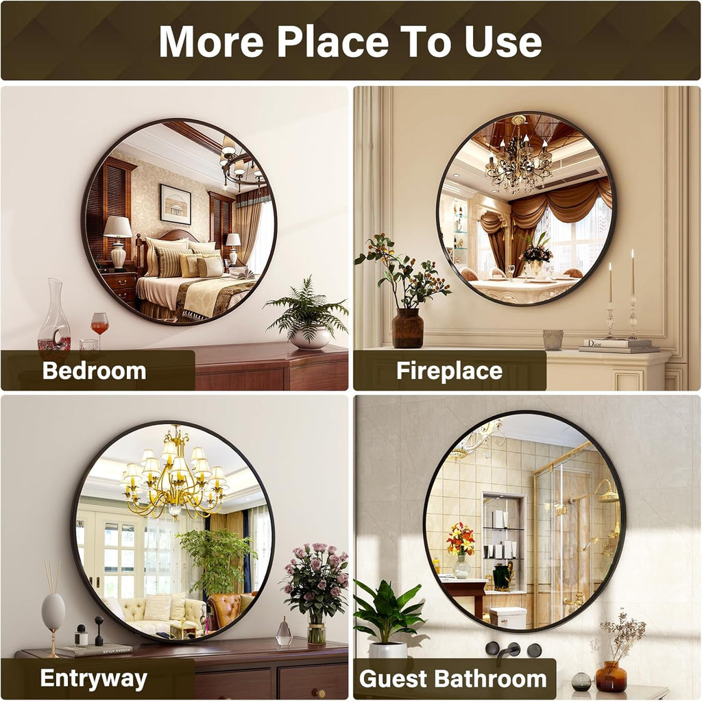24 Inch Round Mirror - Circle Mirrors Wall Decor, Modern Hanging Vanity Mirror, Matte Black Circle Decorative Wall
