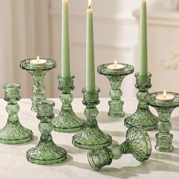 Glass Candle Holder Set of 12, Green Taper Candle Holders Bulk, Vintage Candlestick Holders, Candle Stick Holder for