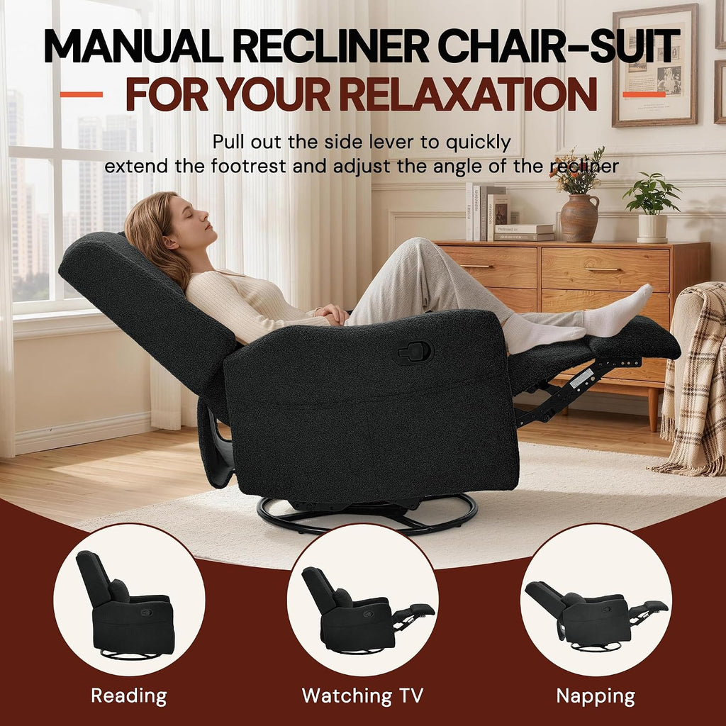 Glider Recliner Rocking Chair, 360° Swivel Boucle Nursery Chair, Comfy Upholstered Recliner,Black