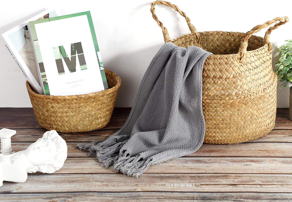 3 Set Seagrass Belly Storage Basket Woven Plant Pot Holder with Handles for Plants Picnic Grocery Laundry(Natural