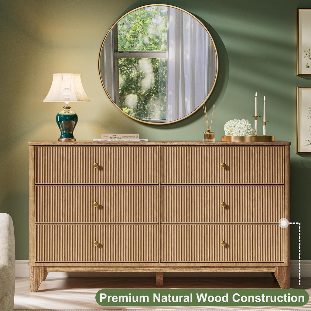 Fluted 6 Drawers Dresser, 54" Wide Modern Chest of Drawers with Round Corners, Wooden Dresser TV Stand, Wood Drawer