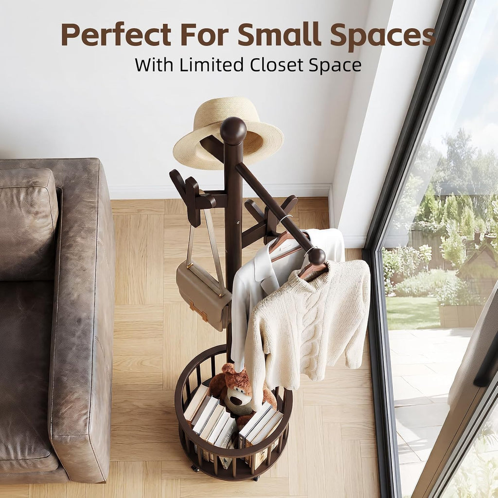 Freestanding Wooden Coat Rack with Umbrella Holder,Dark Walnut Coat Rack with Hooks, Space-Saving Entryway Organizer