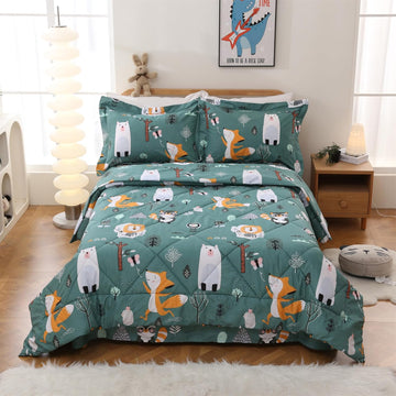 Green Forest Animals Kids Comforter Set, 2 Piece Woodland Printed Microfiber Bedding Set, Machine Washable