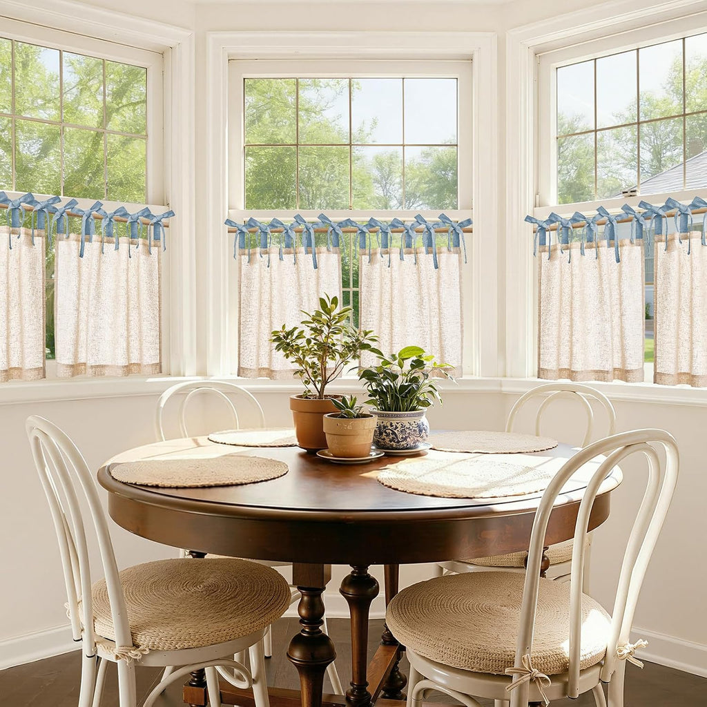 White Solid Linen Kitchen Tier Curtains 45 Inches Tie Top 2 Panles