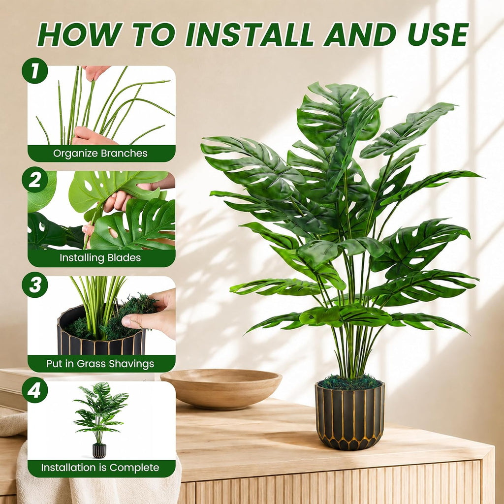 28'' Fake Plants Tall Artificial Monstera Faux Plants Indoor Outdoor Tree Home House Decor