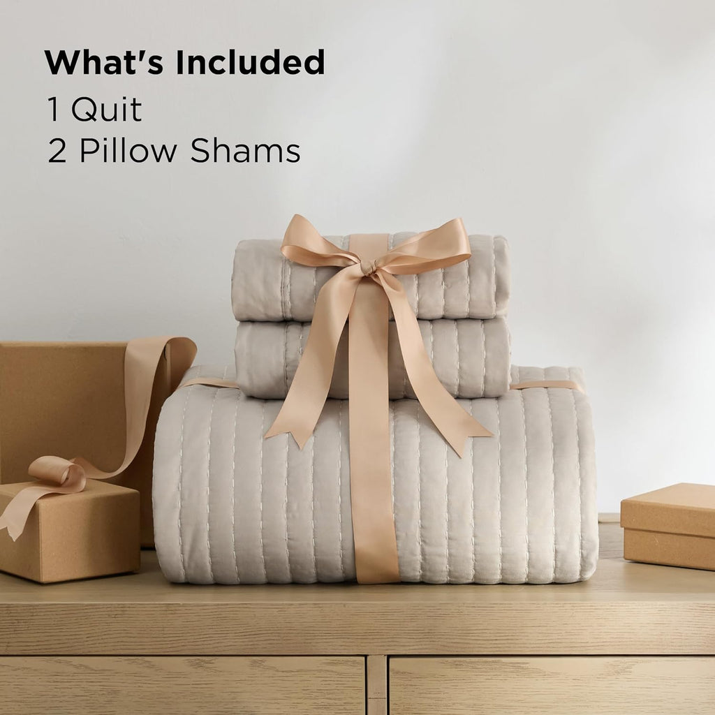 Quilts - Quilt Bedding Set Bedspread Coverlet Comforter, Lightweight Neutral Striped Bedding, 3-Piece Set
