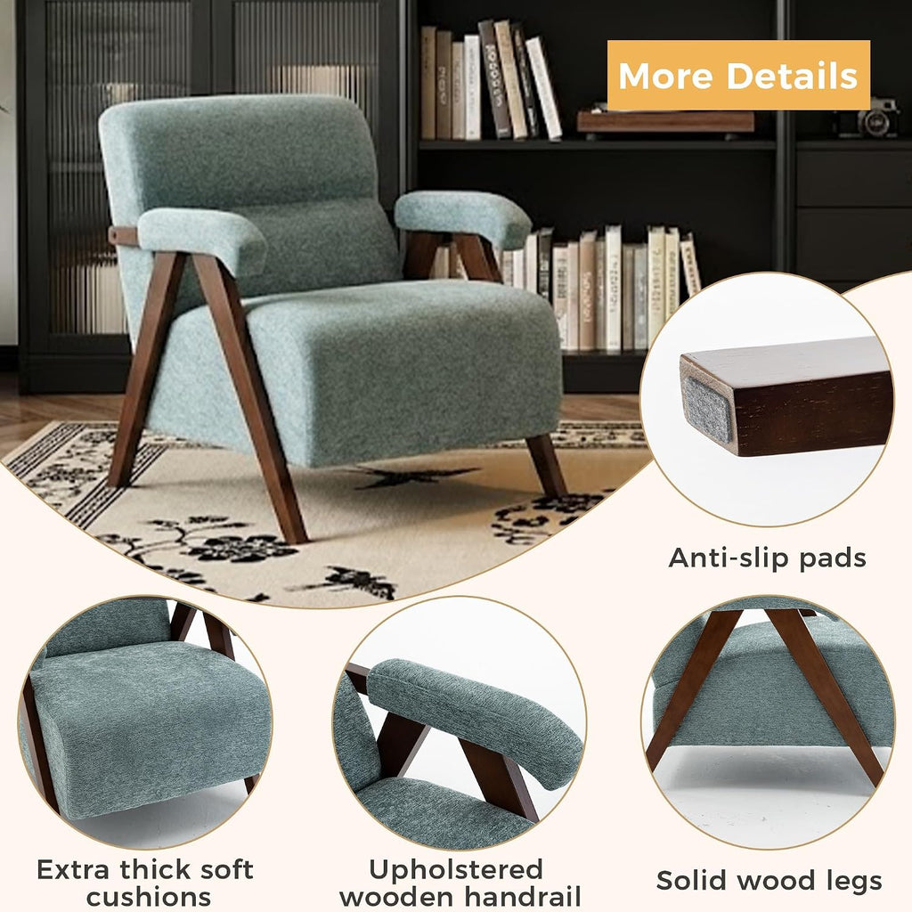 Mid Century Modern Accent Chair, Upholstered Comfy Armchair with Thick Cushion & Solid Wood Frame, Tufted Reading
