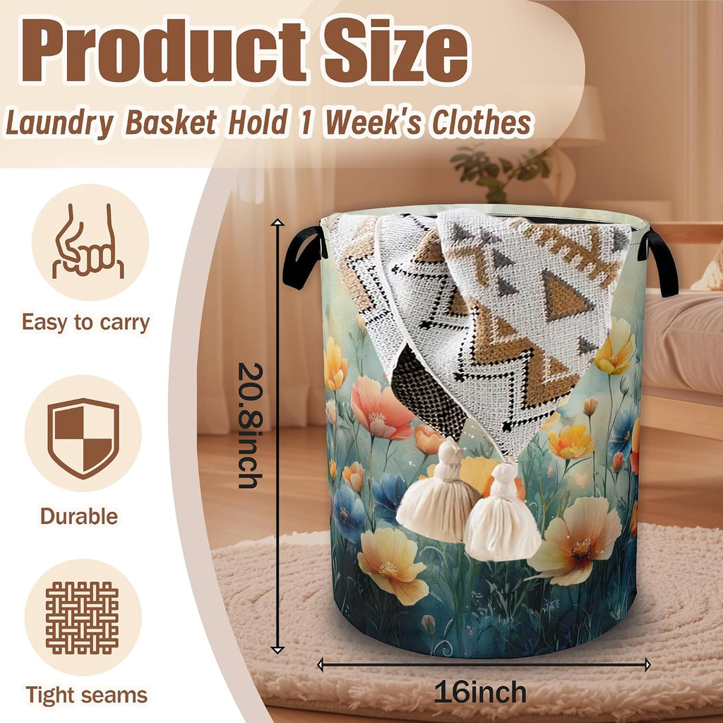Watercolor Wildflower Laundry Basket, Laundry Hamper Waterproof Oxford Cloth Tote Bag,Clothes Storage Bucket