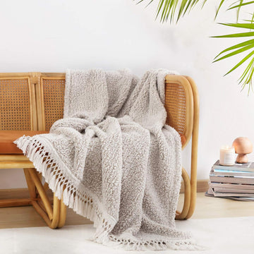 Ultra Soft Cozy Throw Blanket with Tassel, Light Weight Warm Decorative 2 Tones Ombre Light Brown Pattern Reversible