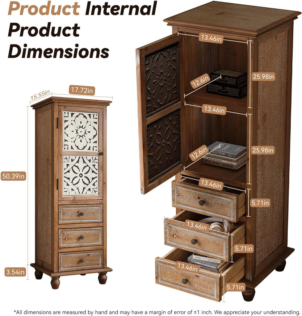 Solid Wood Tall Accent StorageCabinet,Narrow Carved Sideboard Buffet | Fir Wood 54" Tall Narrow Accent Storage