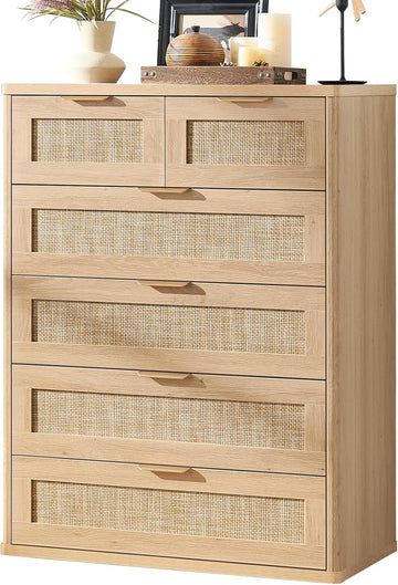 Rattan Dresser , 41" Tall Chest of Drawers | Gold Metal Handle, Oak Modern 6 Drawers Boho Dressers with Storage