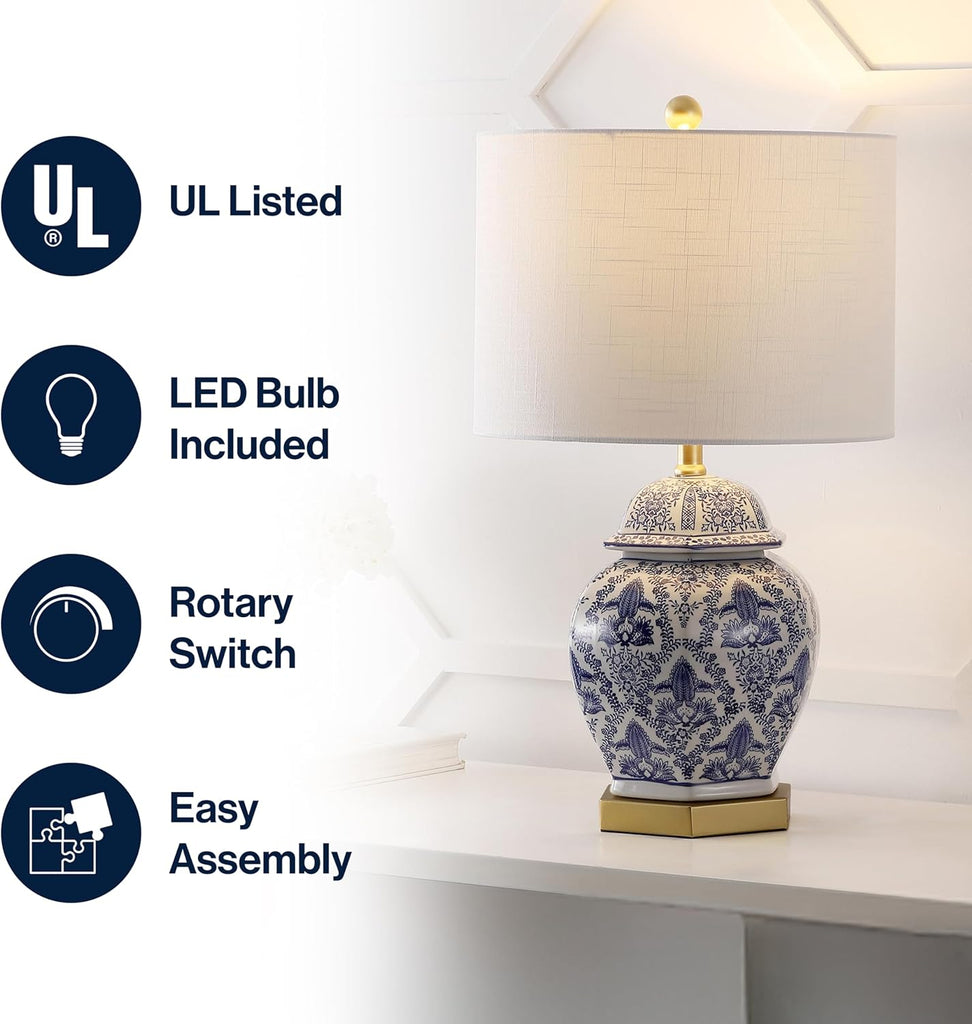 25" Blue/White Classic Traditional Ginger Jar Ceramic LED Table Lamp, Chinoiserie Table Lamp Bedroom, Gold Base