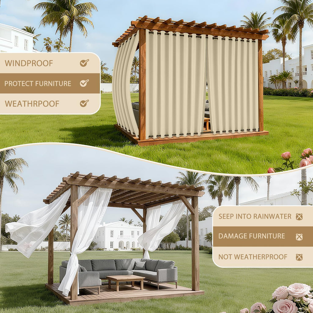 Waterproof Outdoor Curtains with Zipper Extra Long Top & Bottom Grommet Thermal Privacy Drapes 2 Panels Gazebo