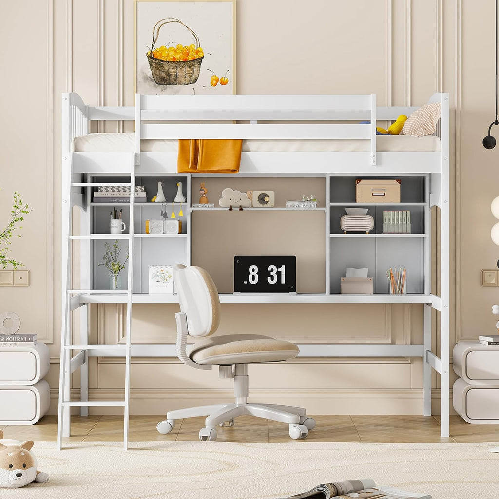 Twin Loft Bed with Desk, Solid Wood Twin Loft Bed Frame with Shelves, White
