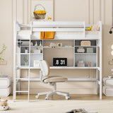 Twin Loft Bed with Desk, Solid Wood Twin Loft Bed Frame with Shelves, White