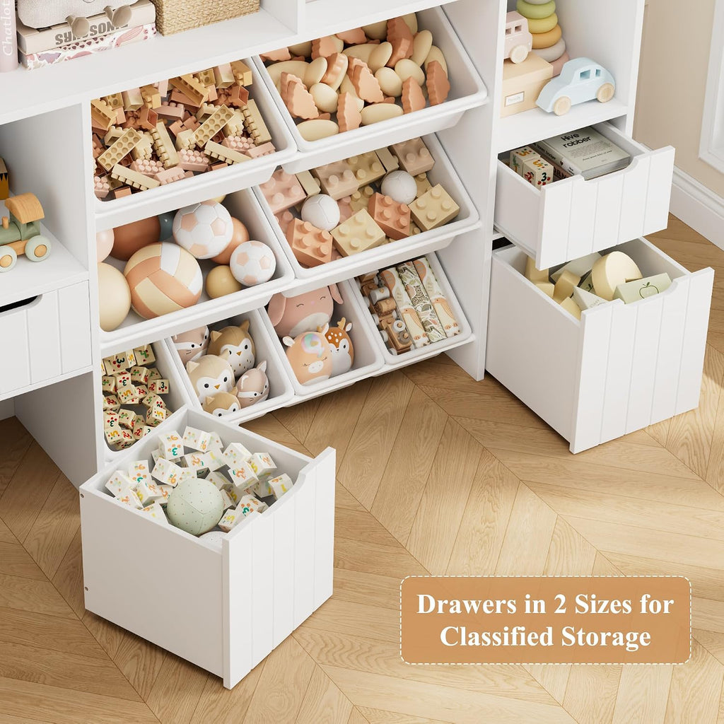 55" W Toy Storage Organizer, Large Kids Bookshelf, Toy Box, White | 8 Plastic Storage Bins / 2 Removable Toy Storage