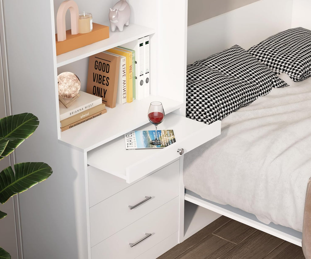 Full Murphy Bed, Morden Full Vertical Murphy Bed Frame with Shelf and Drawers, Wall Bed Hidden Bed Gas Struts, White