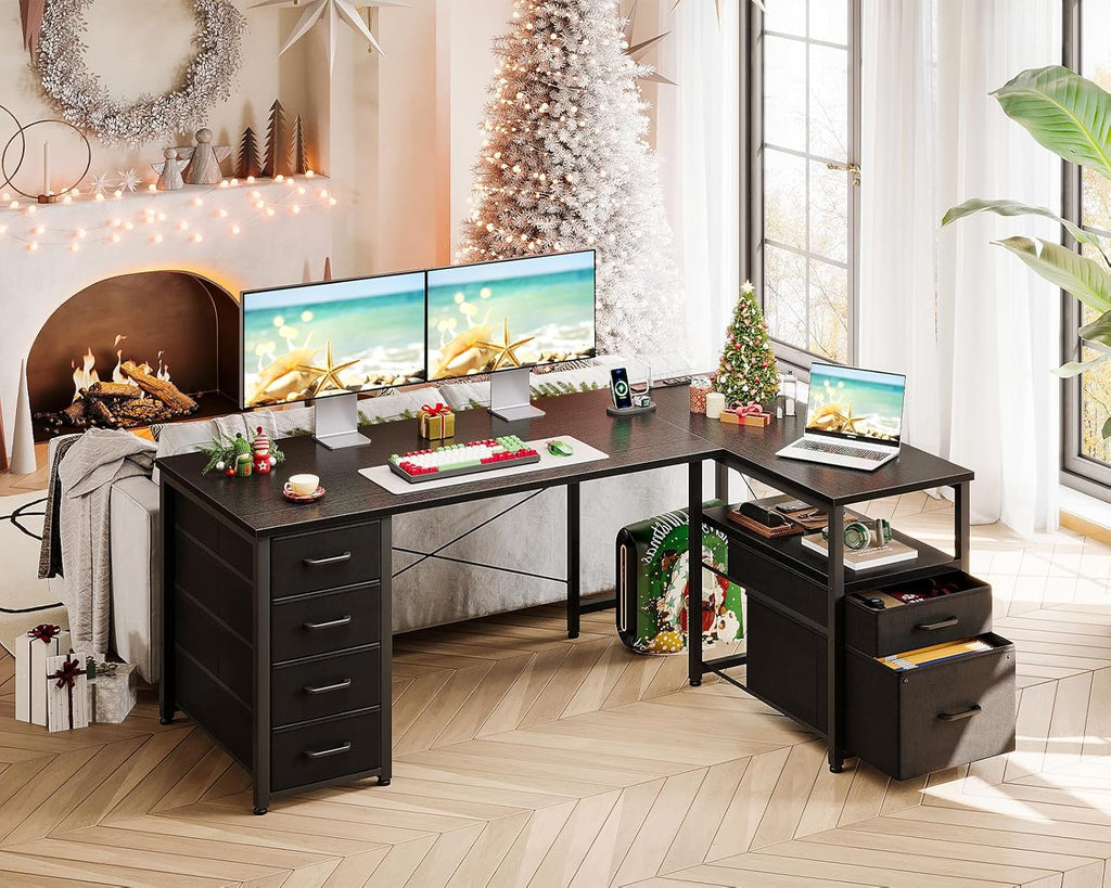 L Shaped Computer Desk with 6 Drawers & Power Outlet, 55 Inch Corner Desk with Reversible Storage Shelf & File Drawer